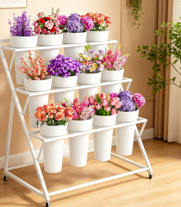 Three tier wheeled flower pot and bucket display stand for weddings