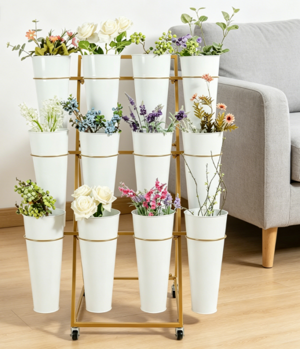 Moveable three tiered flower stand with braked iron bucket