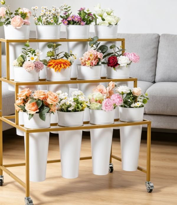 Silent three tiered wrought iron display flower stand with wheels