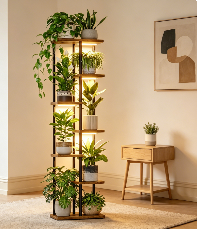 Multi tiered corner plant stand with supplementary lighting