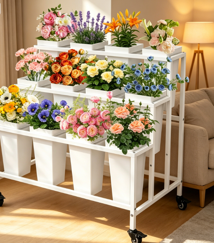 White three tier wheeled florist display flower stand