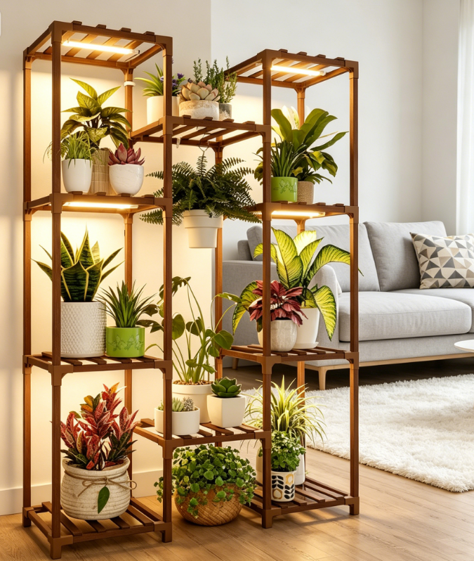 Warm light supplementary lighting multi tiered home plant stand